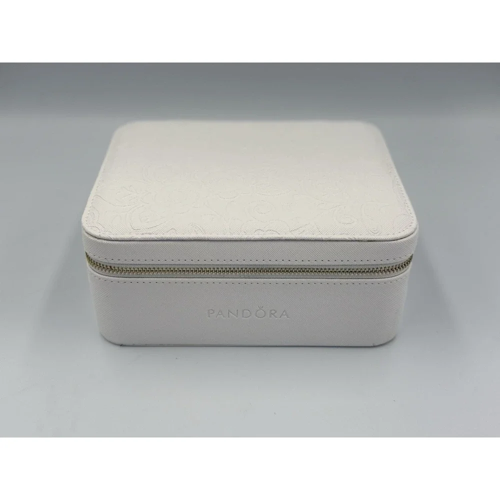 Pandora Zippered Jewelry Box Travel Case Organizer White Floral Engraving NWOT